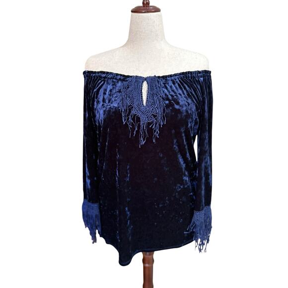 Y2K Velvet Velour Fringe Off Shoulder Peasant Top L/XL Whimsigoth Dark Fairy - Picture 9 of 11